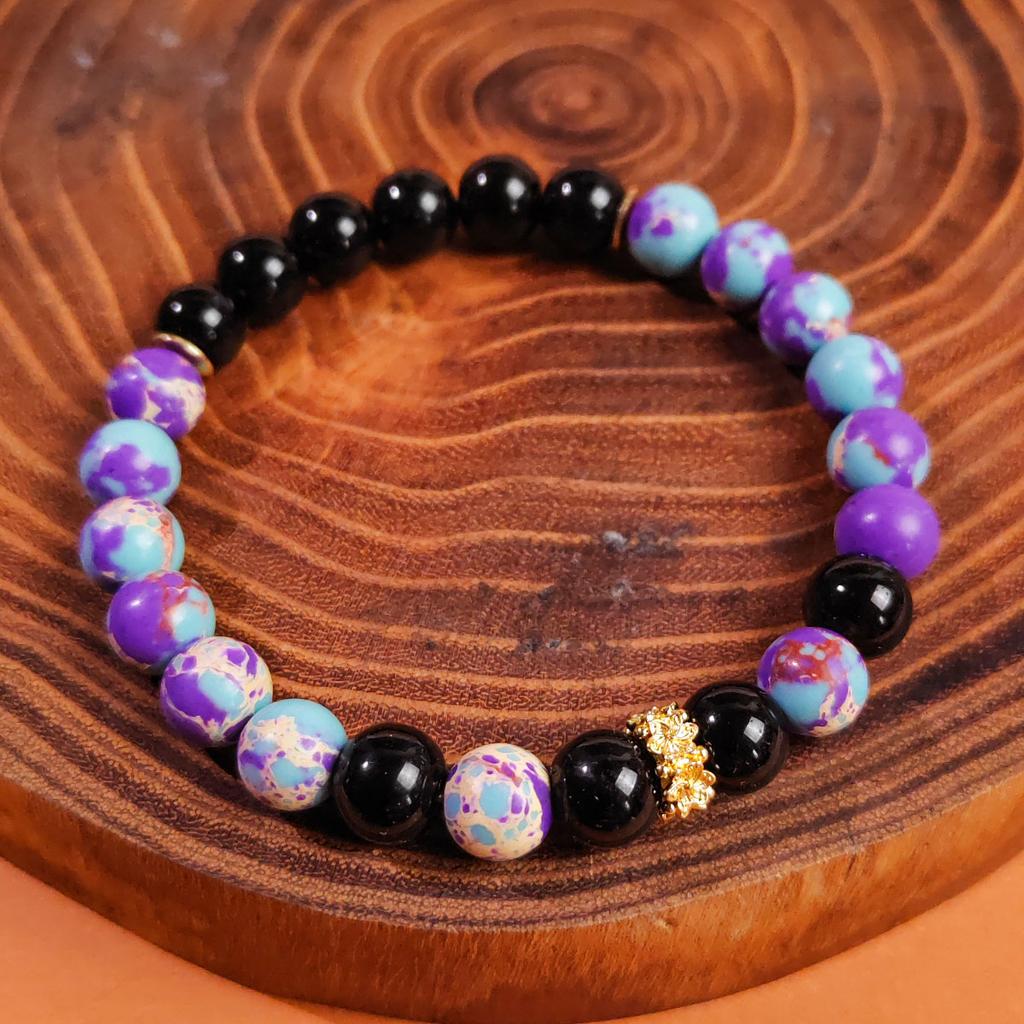 This 8mm purple imperial stone+obsidian natural stone hand-woven bracelet is suitable for both men and women and is a perfect choice for everyday wear
