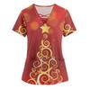 Plus Size Printed Scrub Working Uniform Tops For Women's Cross V-Neck Christmas Print Short Sleeve Fun T-Shirts Workwear Tee With Pockets