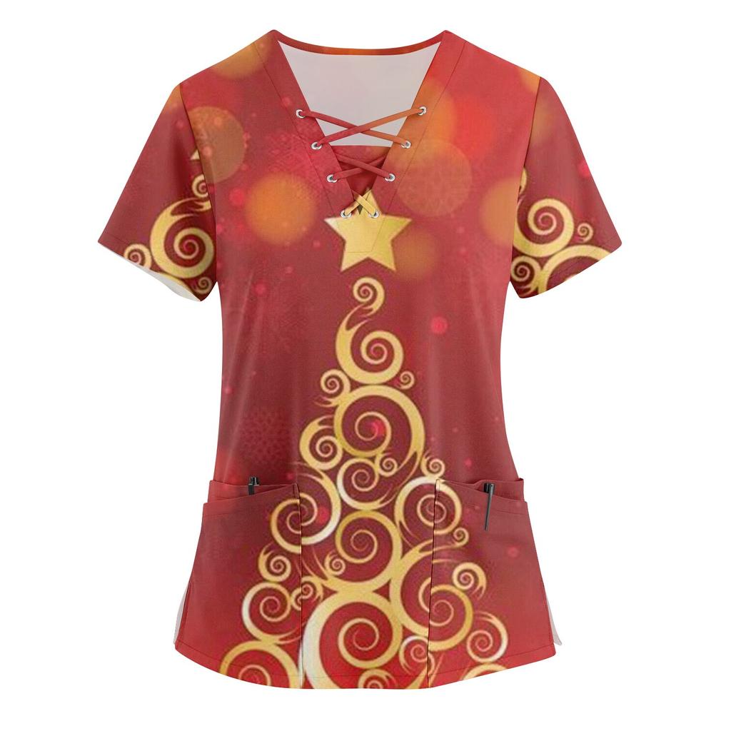 Plus Size Printed Scrub Working Uniform Tops For Women's Cross V-Neck Christmas Print Short Sleeve Fun T-Shirts Workwear Tee With Pockets