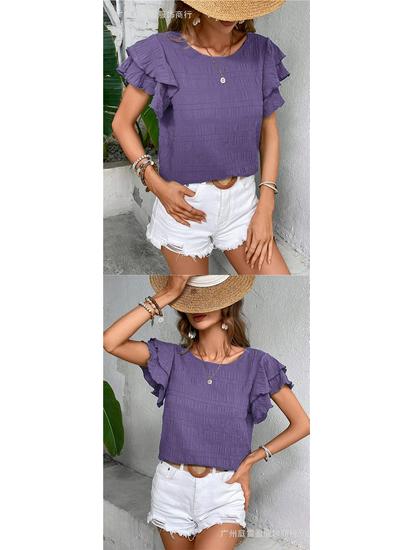 Women's Summer Double-layer Ruffled Sleeve Round Neck Pullover T-shirt