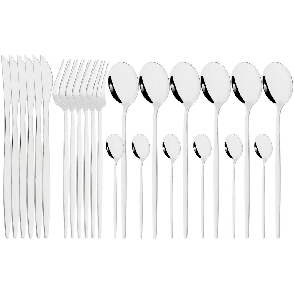 24Pcs Cutlery Stainless Steel Tableware Mirror White Gold Dinnerware Set Western Knife Fork Spoon Flatware Kitchen Silverware