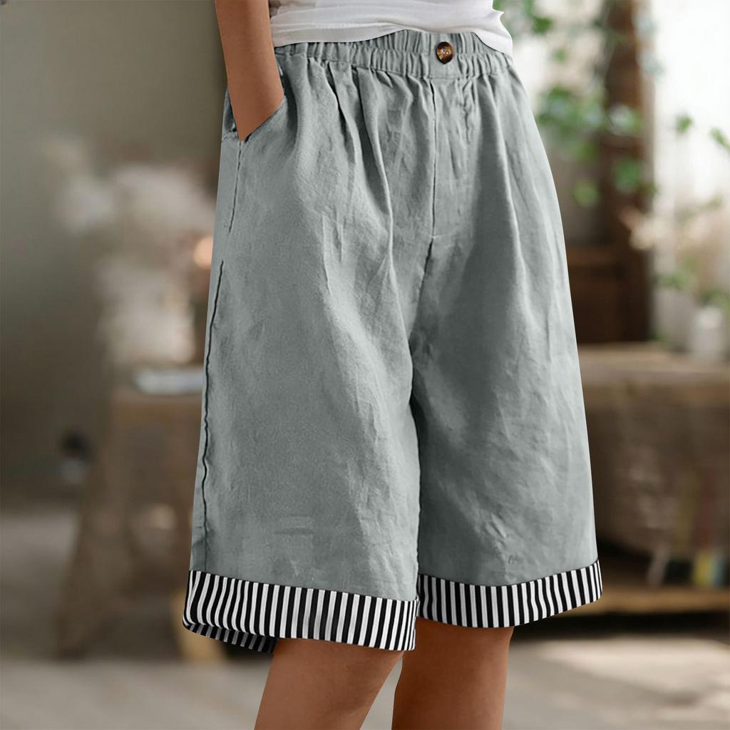 Women's Fashion  Color Stripe Patchwork Loose Button Cotton Linen Casual Five-Four Pants