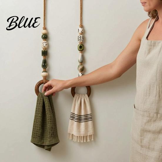 Rustikaler Holzperlen-Handtuchhalter Perlenaufhänger mit Holzring Böhmischer Bauernhaus-Halter Küchenlappen-Aufbewahrungsregal Wandmontiert Hanfseil