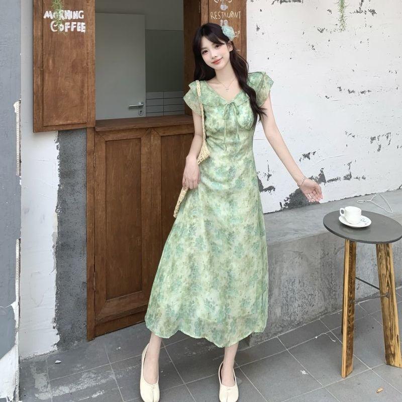 With inner lining, French green small flying sleeve floral dress, women's summer seaside vacation sleeveless waist dress