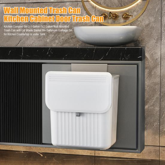 Kitchen Compost Bin 2.1 Gallon /3.2 Gallon Wall Mounted Trash Can with Lid Waste Basket Bin Bathroom Garbage Bin for Kitchen Countertop or Under Sink