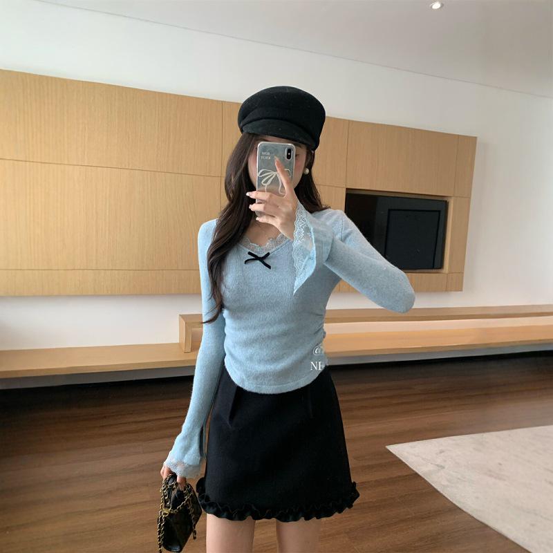 Pear-Shape Lace Spliced Wool A-Line Skirt - Gray, Slim Fit, Versatile for Spring/Autumn