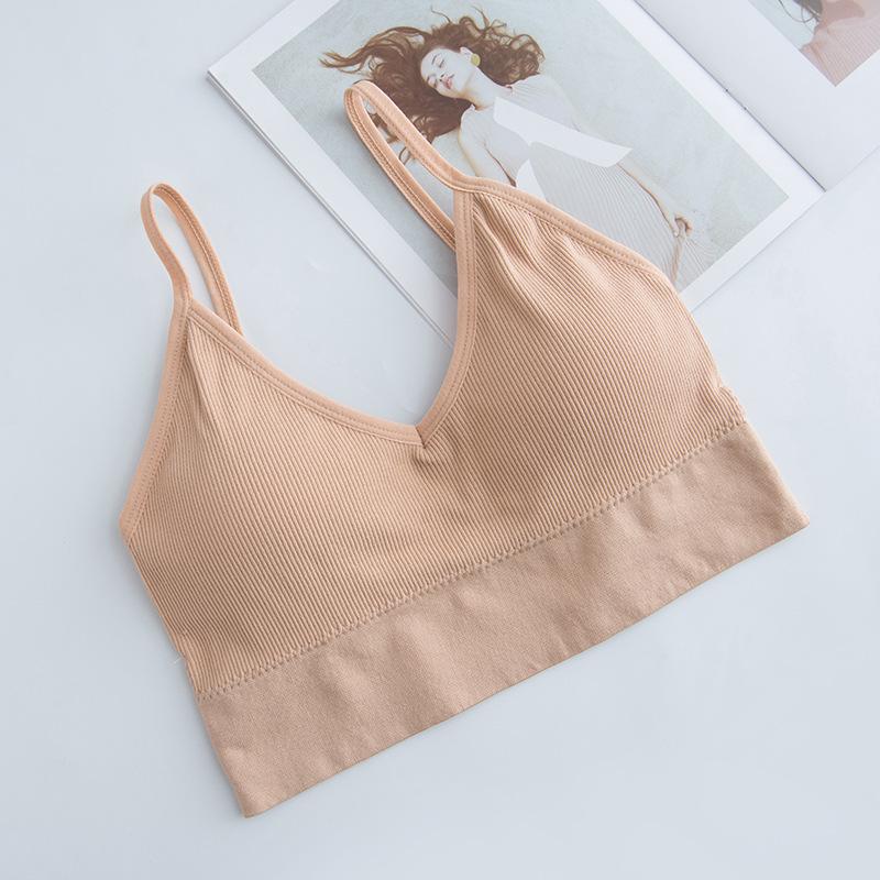 Women's Seamless Vest Lingerie Solid Color Fashion Striped V Neck Crop Top Bra Push Up Bra Comfortable Top