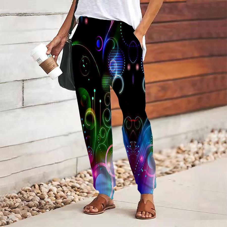 Women Musical Note Printing Pants Lace Up Elastic Waist Loose  Trousers Casual Long Pants Trousers with Pockets
