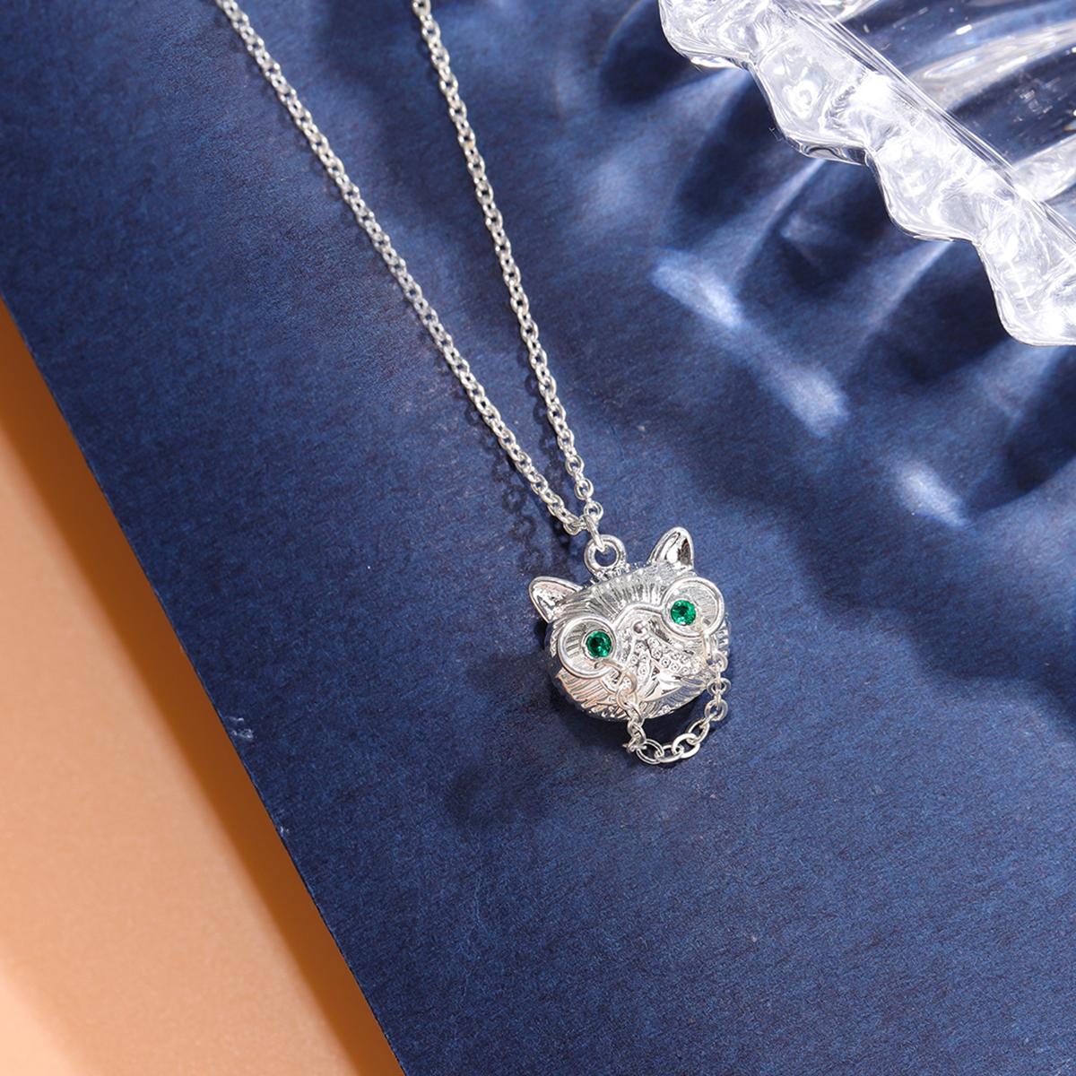 

New Fashion Creative Glasses Cat 925 Sterling Silver Green Crystal Pendant Necklaces XL127 серебряный