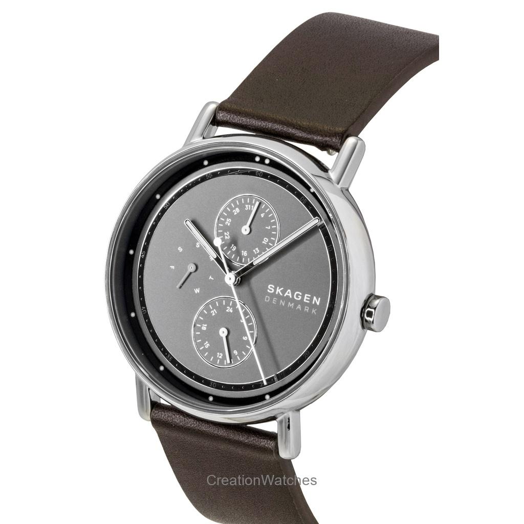 Skagen Signatur Leather Strap Multifunction Grey Dial Quartz SKW6941 Men's Watch