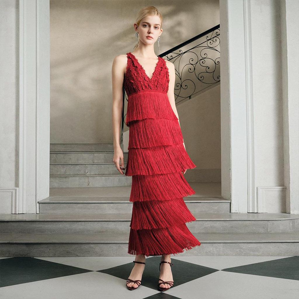 Red Lace Trimmed Tassel Layered Women's Bandage Evening Dress
