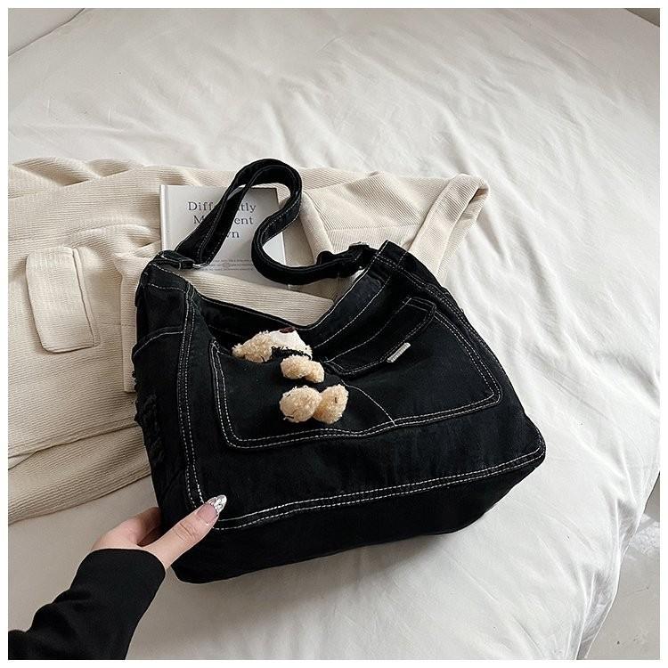 Adorable Korean Style Cartoon Denim Shoulder Bag For Students Casual Look In Blue