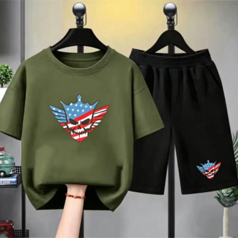 Fashion Men's T-shirt Shorts Set Funny Skull Printed Men's Short Sleeve Tops Shorts 2pcs Summer Men Women's Outdoor Casual T-shirt Sets