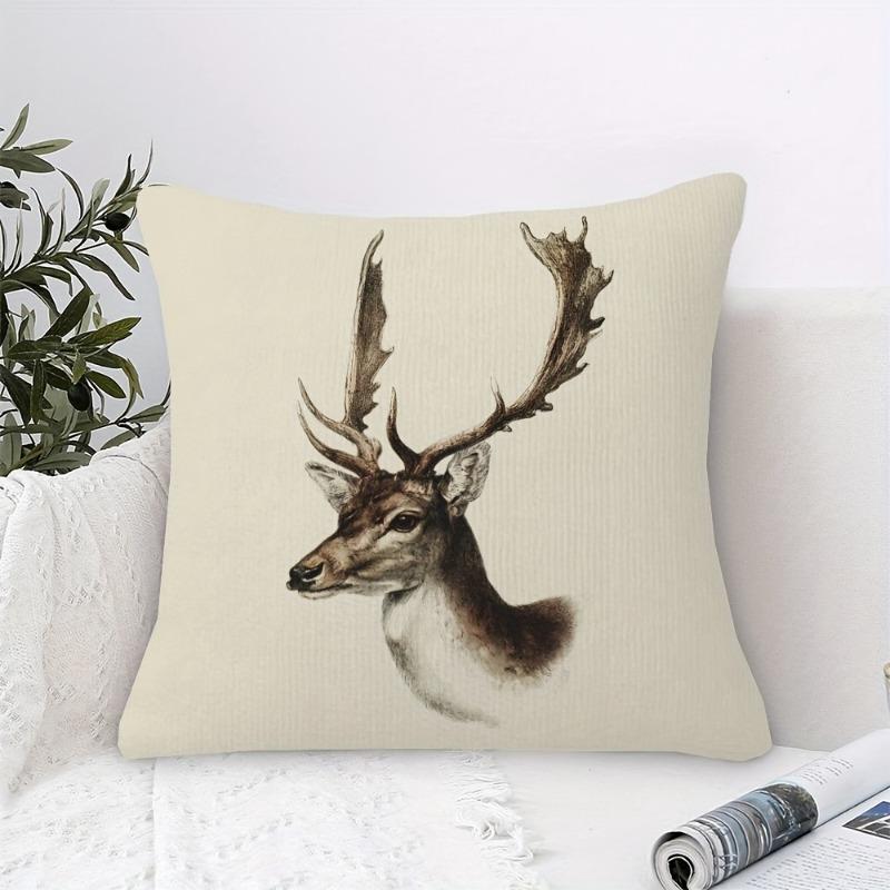 1pc 1pcs Vintage Stag Head Pillow Cover - Suitable for Rustic Wood Decor Cushion Case with Stag Antler Print, Hidden Zipper Closure, Machine Washable