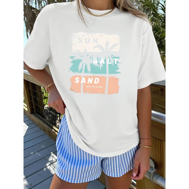 Elegant short-sleeved shirt for women Hawaiian vacation-themed printed round-neck women's shirt T The shirt is suitable for spring and summer