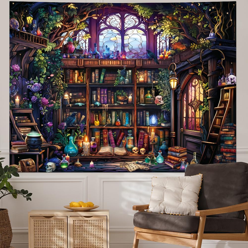 Textilien Unisex Magic Bookshelf Tapestry Witchy Library Tapestry Fantasy Fairy Treehouse Wall Tapestries Magical Book Skull Bookcase Tapestries