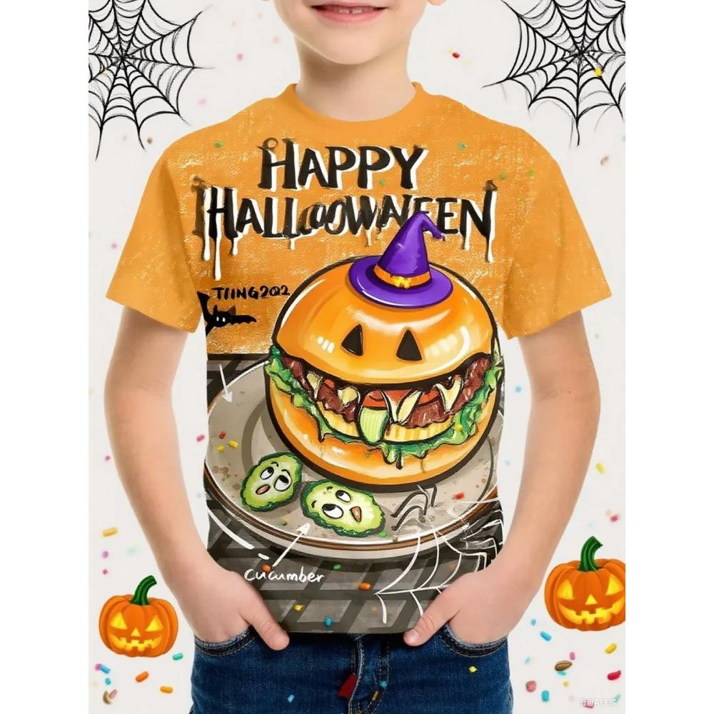 Rundhals 3D Lebensmittel- & Kürbis-Grafik bedruckte Kurzarm-Kinder-Jungen-T-Shirts - Weiches, mittelelastisches Polyestergewebe Sommer Kleidung mit entspannter Passform