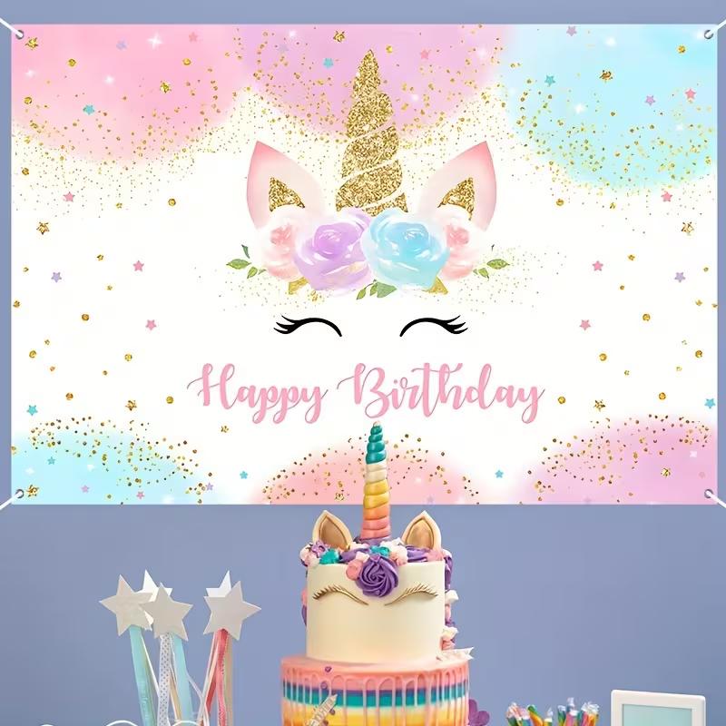 2D Whimsical Unicorn Birthday Banner, Pink & Gold Glitter Party Decor