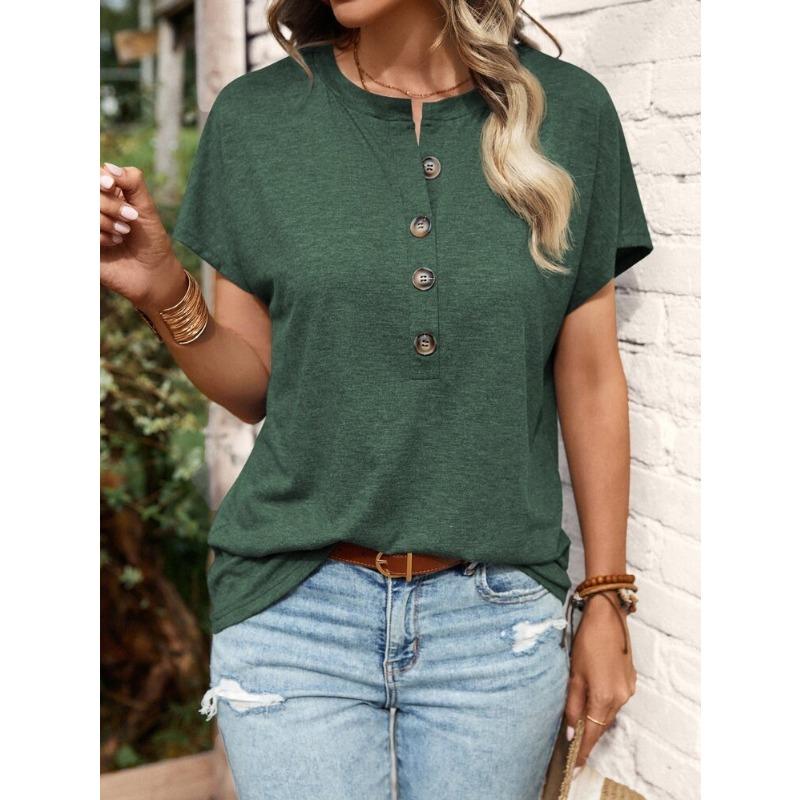 Women S Short Sleeve V Neck Solid Button T Shirt Casual