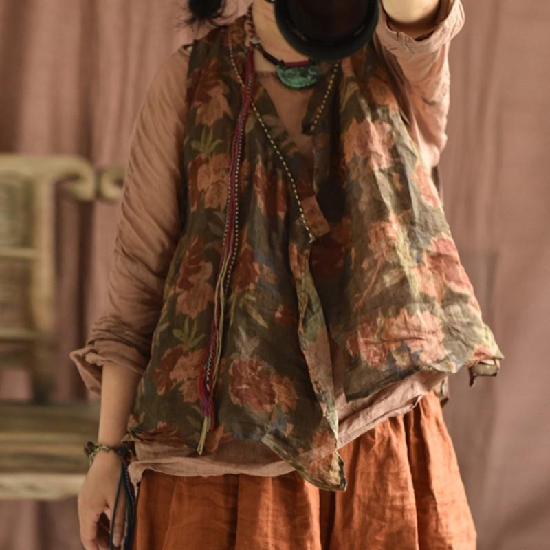 Johnature Dámské květinové vesty Vintage Print Letní kabáty Čínský styl Ramie vysoce kvalitní dámské vesty