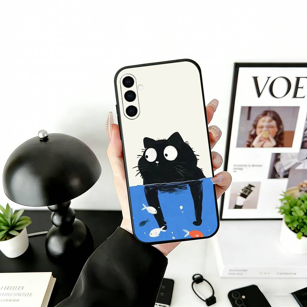 Cute Black Cat Illustration Phone Case For Samsung Galaxy A73,A72,A71,A70,A53,A52,A51,Soft Silicone Black Cover