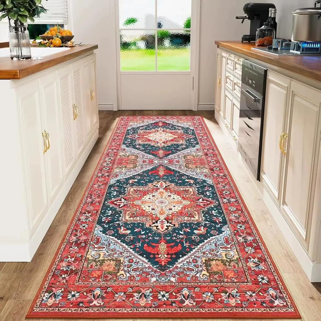 Vintage Geometric Runner Rug Non-slip Washable Durable Carpet for Hallway Kitchen Home Decor Black White Red Blue Green Orange