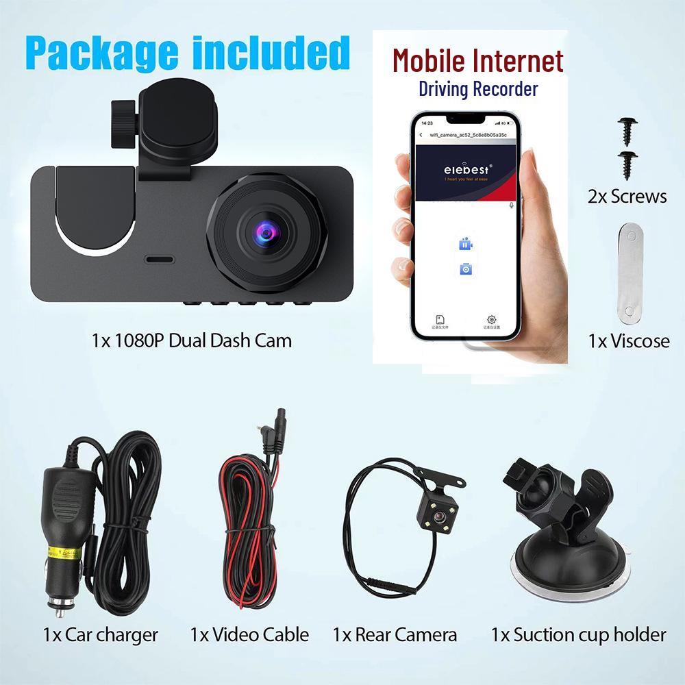 High-Definition Dual-Lens Dash Cam with Wide-Angle Night Vision and WiFi for Front, Interior, and Rear Recording