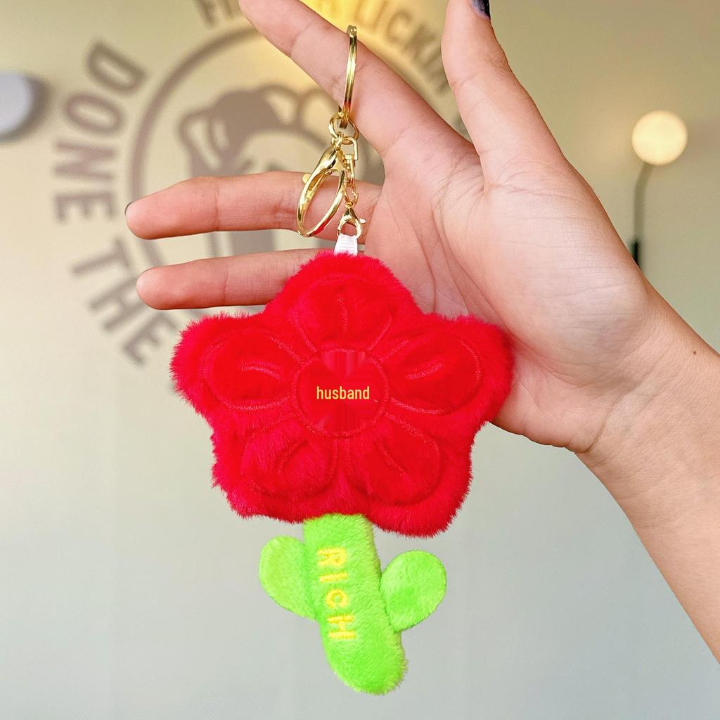Cute Internet Celebrity Red Flower Plush Toy with Money Flower Pendant Keychain Bag Charm