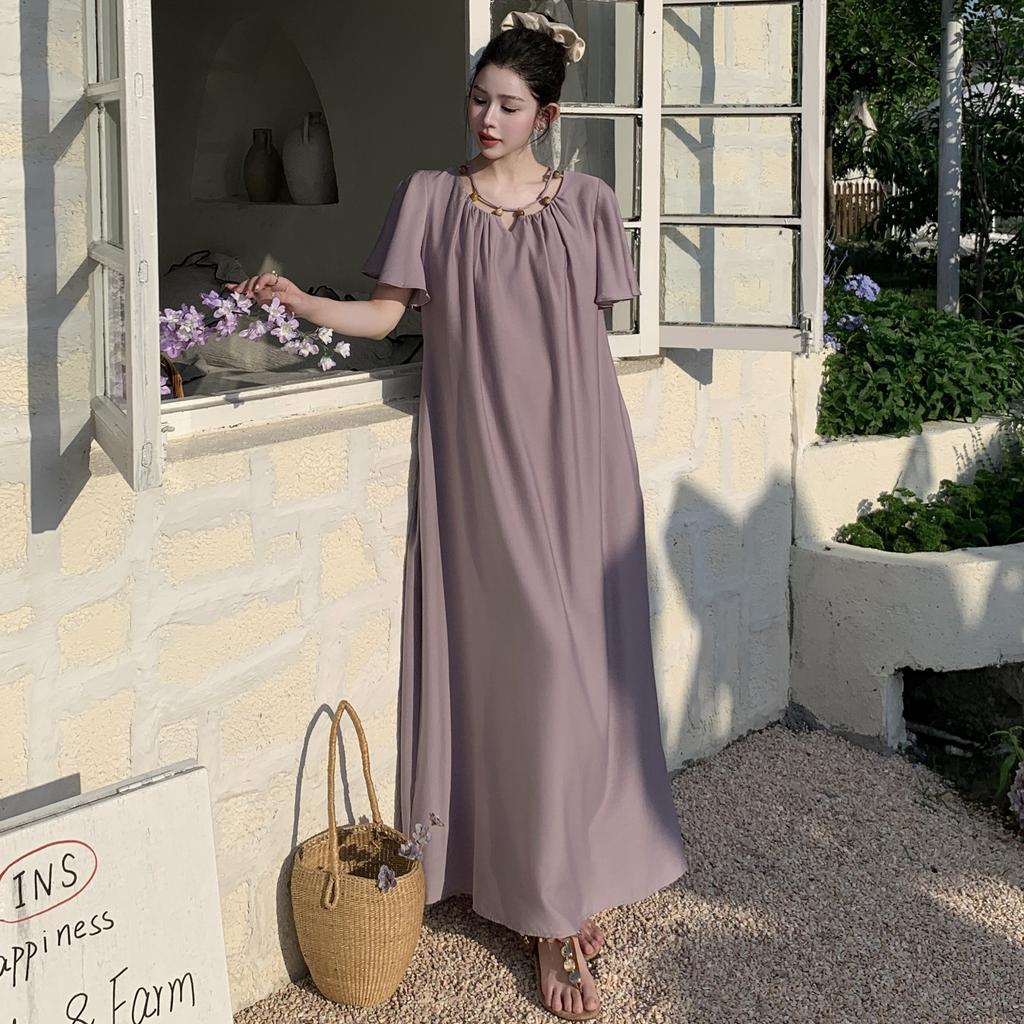 DIMANAF 2025 Summer Plus Size Dress Women Vintage Dress Basic Long Elegant Loose Casual Pleated Dress