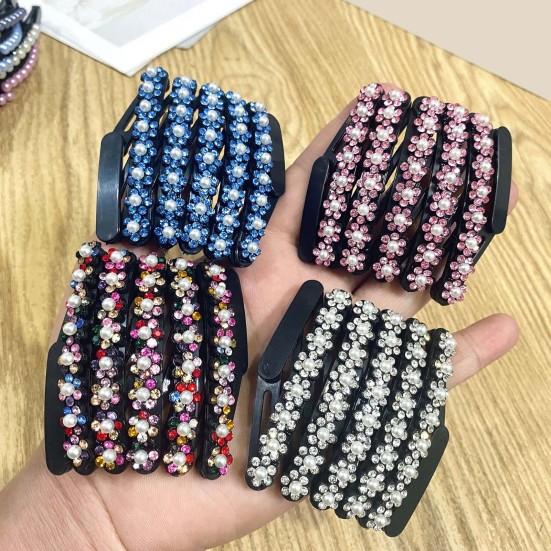 4-teilige Haarreifen, einziehbare Stirnbänder im Taschenformat, rutschfestes Zahndesign, dehnbare Strasssteine, Blumendekor, Haarreifen, Haarschmuck