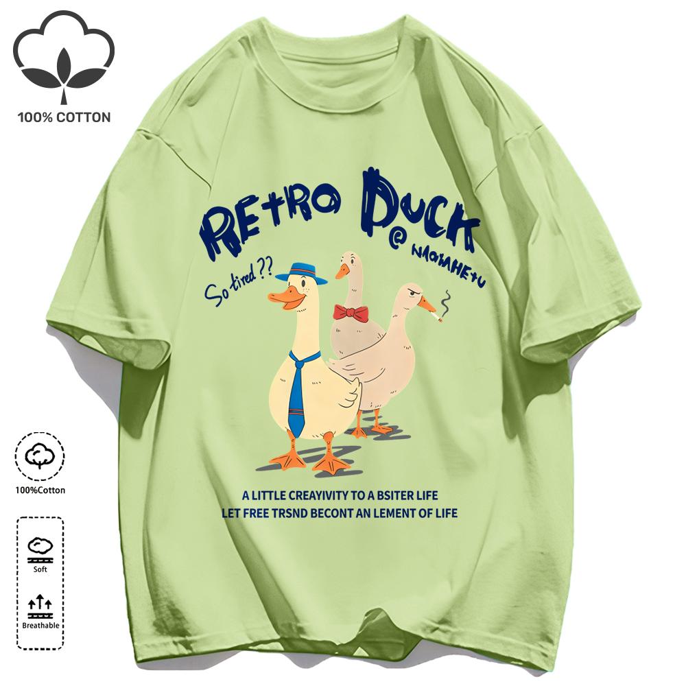 Retro Duck Doesn'T Feel Tired Design T Shirts Unisex Cotton Basics T-Shirt Soft Summer Fashion Tee Unisex O-Neck Loose Retro Top