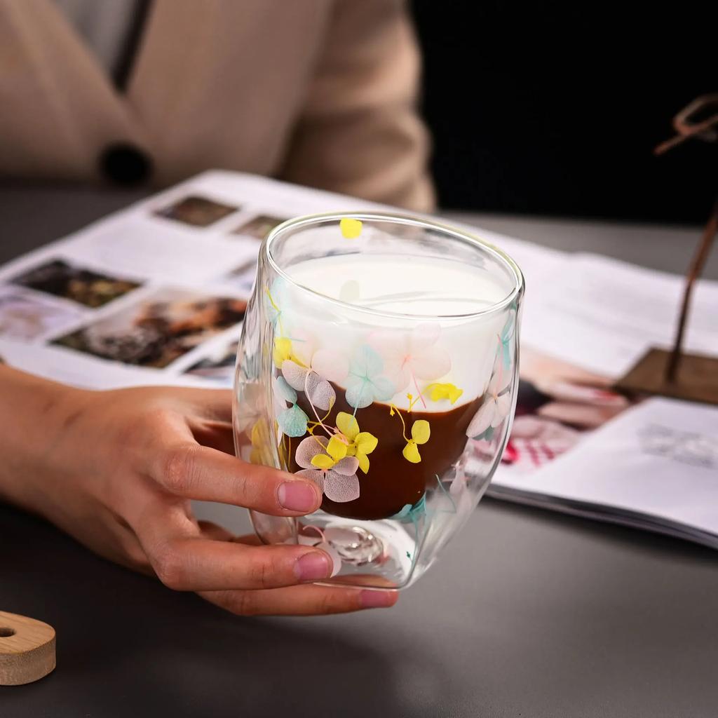 1pc 350ml Double Wall Glass Cup Artificial Flower Decorated Coffee Cup Milk Mug Heat Resistant Tea Cups Glass Mug Kitchenware