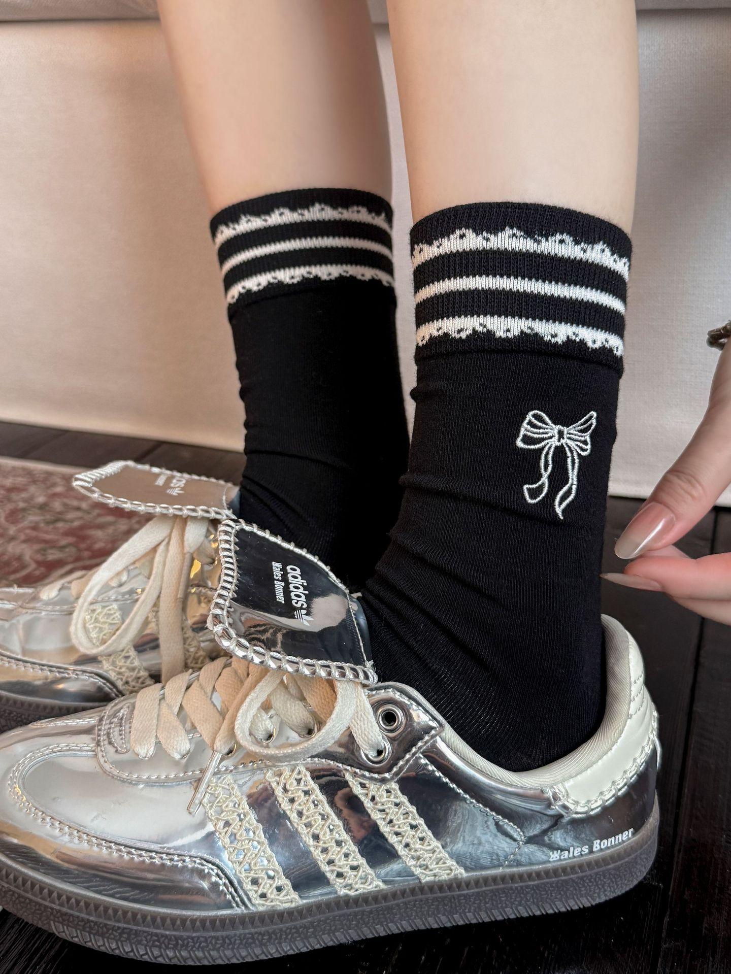 

Striped Bow Socks, Socks, Spring And Autumn Cotton Socks, Trendy Korean German Training Shoes, Cute Stockings чёрный
