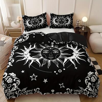 3pcs Soft and Comfortable Black and White Sun and Moon Print Duvet Cover Set for Bedroom and Guest Room