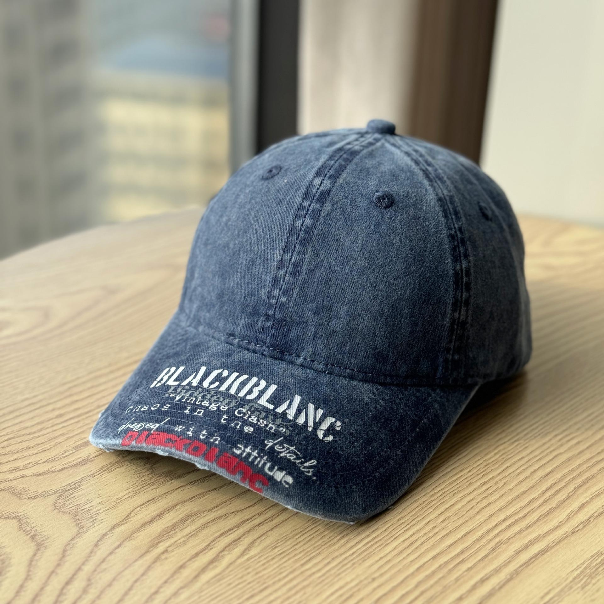 

New American-style washed distressed denim soft-top baseball cap for women with embroidered letters, makes the face look smaller, wide brim, trendy Adult54-60Adjustable темно-синього кольору