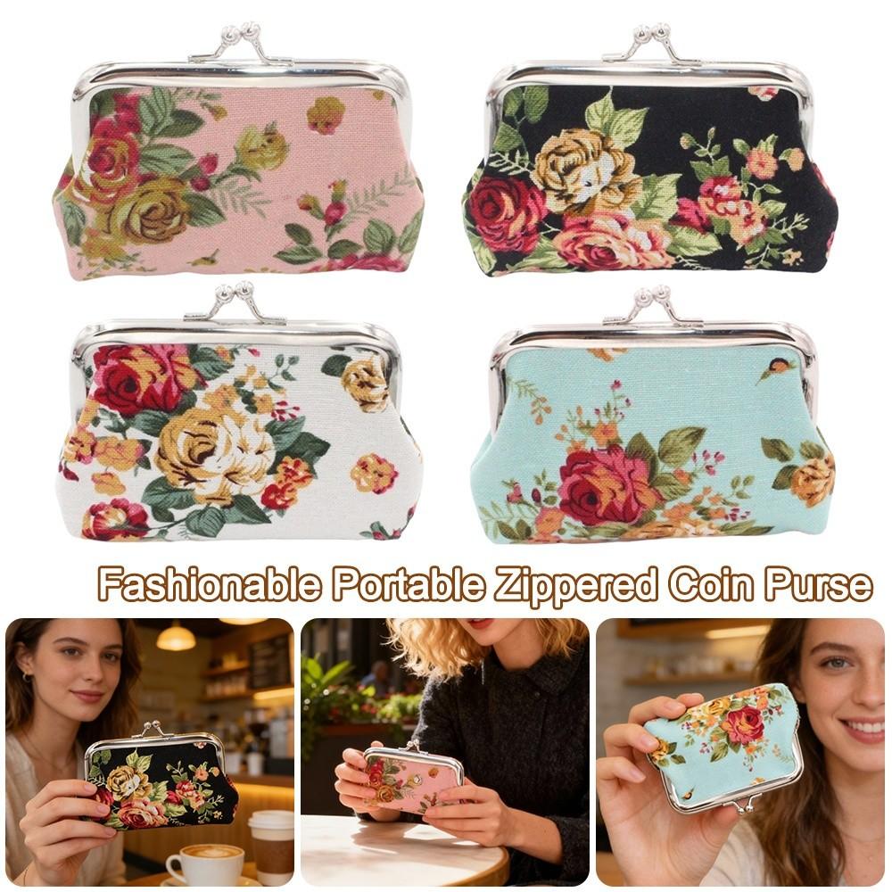 Elegant Flower Printed Coin Purse Vintage Canvas Wallet Small Pouch Women