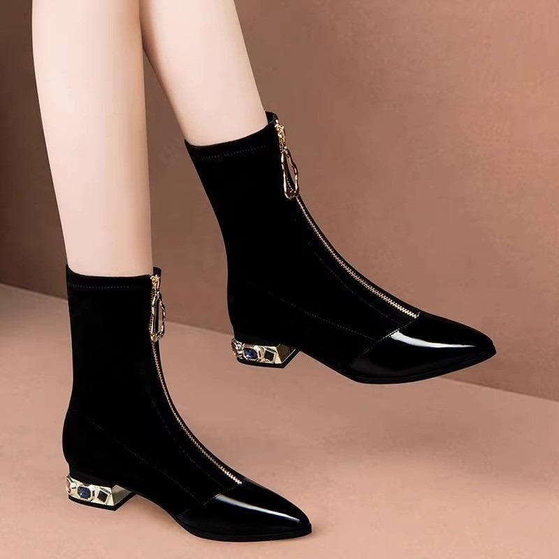 Naiste läikivad litritega poolsaapad, talvemood, terava otsaga eesmine tõmblukk Rhinestone'i kandilised kontsad, lühikesed saapad, retromoodsad mootorrattakingad