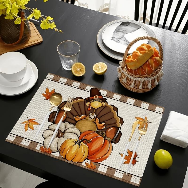 4pcs Placemats Thanksgiving Placemats - Autumn Turkey, Pumpkin Maple Leaf Design - Heat Resistant, Wipeable Polyester