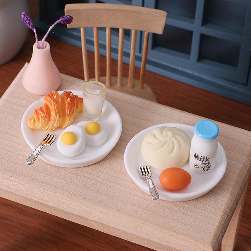 1/12 Dollhouse Simulation Breakfast Mini Steamed Buns Egg Bread Milk Model Dollhouse Kitchen Scene Decoration Pretend Play Toys