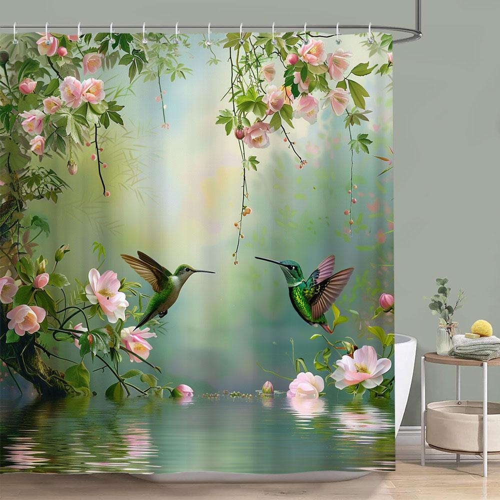 

Hummingbird Floral Shower Curtain Birds Watercolour On Flower Branches Printed Polyester Bath Curtains Bathroom Decor With Hooks W60H190(CM)-1 Pcs