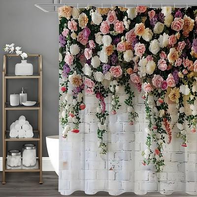Rideau de douche Fleur de printemps Rose Mur de briques blanches, Rideau de douche décoratif pour salle de bain, Rideau de douche imperméable avec crochet
