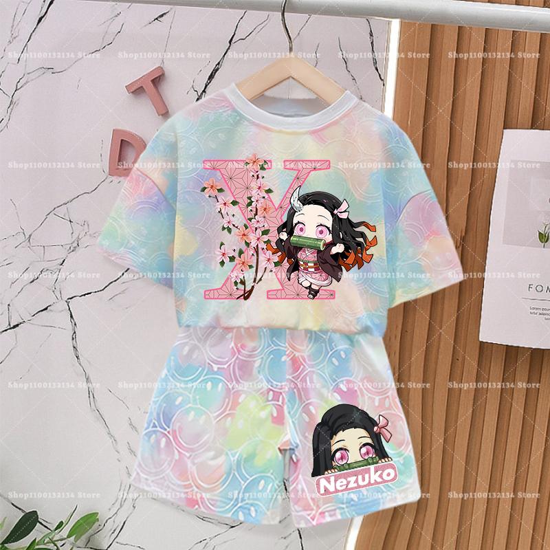 Demon Slayer Girl Tie-dye Smlie Tees Children Nezuko Short Sleeves Baby T Shirt Shorts 2pcs Kids Kawaii Summer Clothing Set New