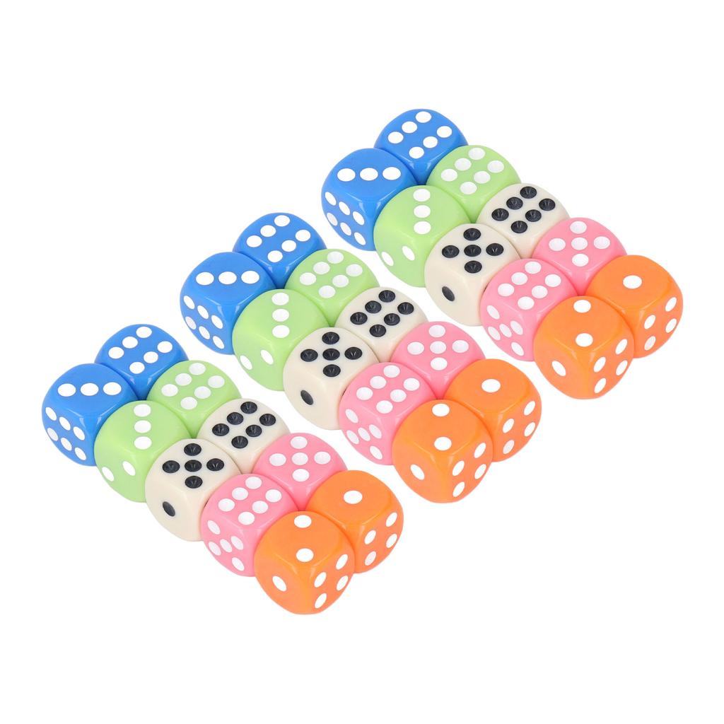 30PCS Colored Dice Set Plastic 6 Sided Standard Game Dice for Kids Classroom Math Learning White Blue Orange Pink Green