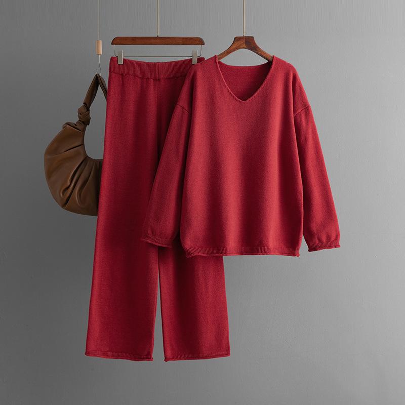 Solid color collar fashion set, new autumn and winter loose high-waisted casual sweater two-piece set