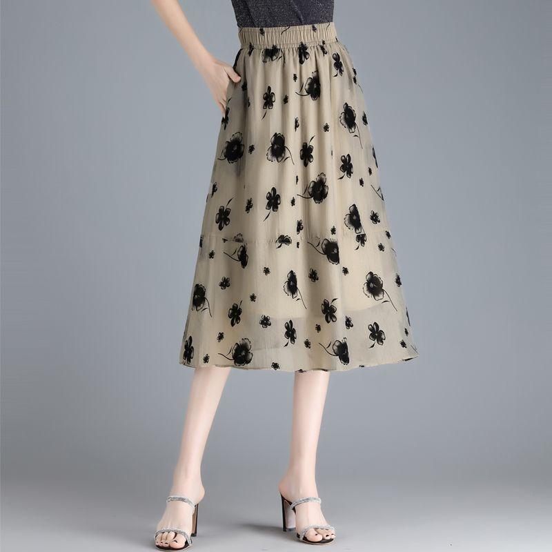 Sommer organza midiskjørt for kvinner Nytt stilig trykt stort svingeskjørt Høyt midje hengende garnskjørt