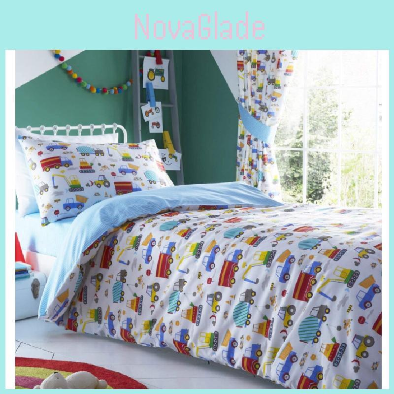Car Trucks Diggers Cartoon Pattern 3d Digital Printed Bed Set With Polyester Cotton For Kids Bedroom Decor
