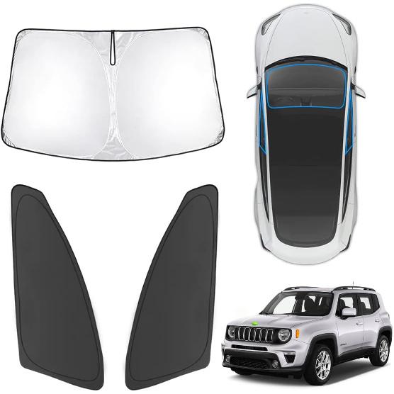 Karltys 3PCS Front And Side Windshield Sun Shade For 2015-2024 2025 Jeep Renegade, Reflective Window Sunshade Fit Renegade, Foldable Sun Shield Sun