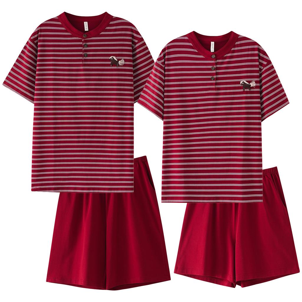 1011 New Couple Pajamas Men's and Women's Summer Pure Cotton Thin Red Wedding Festive Casual Two-piece Loungewear