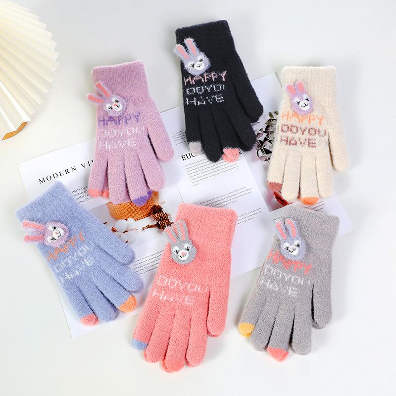 Cute Knitted Gloves Women Winter Thickened Warm Riding Electric Car Full Finger Students Writing Winter AY