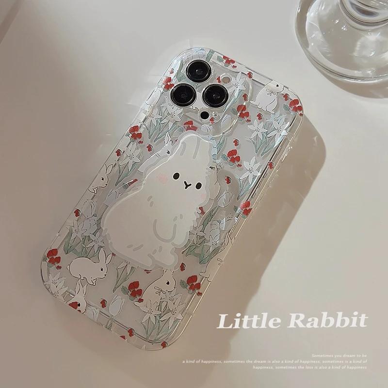 Cute Rabbit Grip Holder Phone Case For iPhone 16 15 14 13 12 11 Pro Max XR X XS 7 8 Plus Stand Floral Clear Soft Silicone Cover